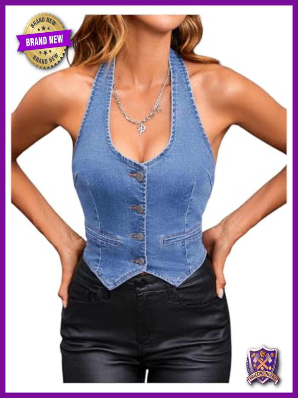 Denim Halter Crop Vest Button Down Sleeveless Y2K Rave Top